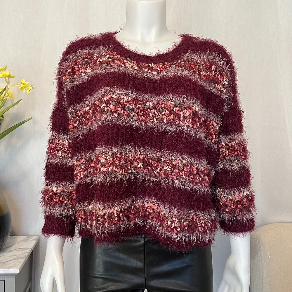 Vtg Women's Burgundy Jumper 3/4 Sleeve Fuzzy Confetti Knit Sweater by Caitlyn
